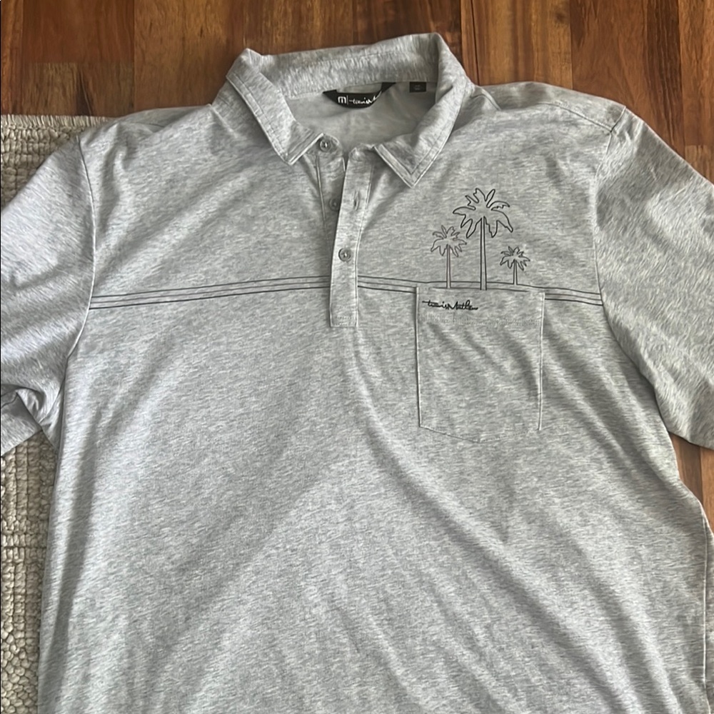 Travis Mathew Light Gray Polo Shirt with Palm Tree Design